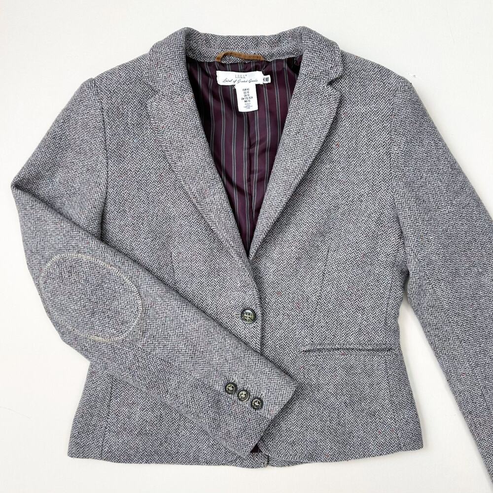 H&M L.O.G.G. Herringbone Tweed Wool Elbow Patch Bookish Cropped Blazer SIZE 10
